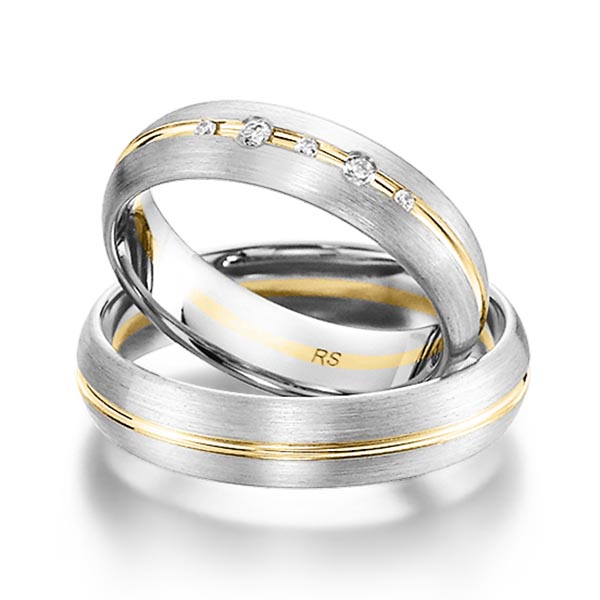 Set Bicolor trouwringen in witgoud 14 kt. geelgoud 14 kt. met in totaal 0,064 ct. Briljant tw/si van acredo - S-1163-1