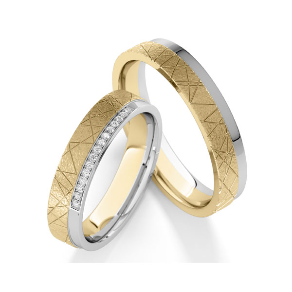 Set Bicolor trouwringen in witgoud 14 kt. geelgoud 14 kt. met in totaal 0,075 ct. Briljant tw,vs van Steinberg
