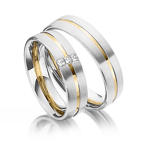 Set Bicolor trouwringen in witgoud 14 kt. geelgoud 14 kt. met in totaal 0,09 ct. Princess-Diamant tw/si van Steinberg