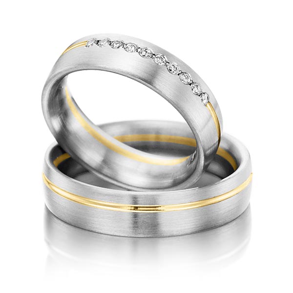 Set Bicolor trouwringen in witgoud 14 kt. geelgoud 14 kt. met in totaal 0,15 ct. Briljant tw/si van Steinberg - Q-1202-1 Set Bicolor trouwringen in witgoud 14 kt. geelgoud 14 kt. met in totaal 0,15 ct. Briljant tw/si van Steinberg - Q-1202-1