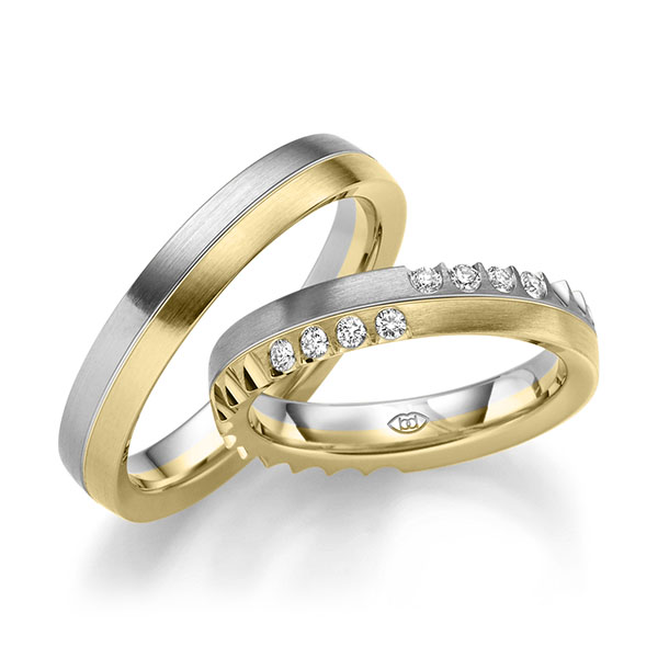 Set Bicolor trouwringen in witgoud 14 kt. geelgoud 14 kt. met in totaal 0,16 ct. Briljant tw/si van Merii