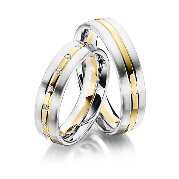 Set Bicolor trouwringen in witgoud 14 kt. geelgoud 14 kt. met in totaal 0,17 ct. Briljant tw/si van Steinberg