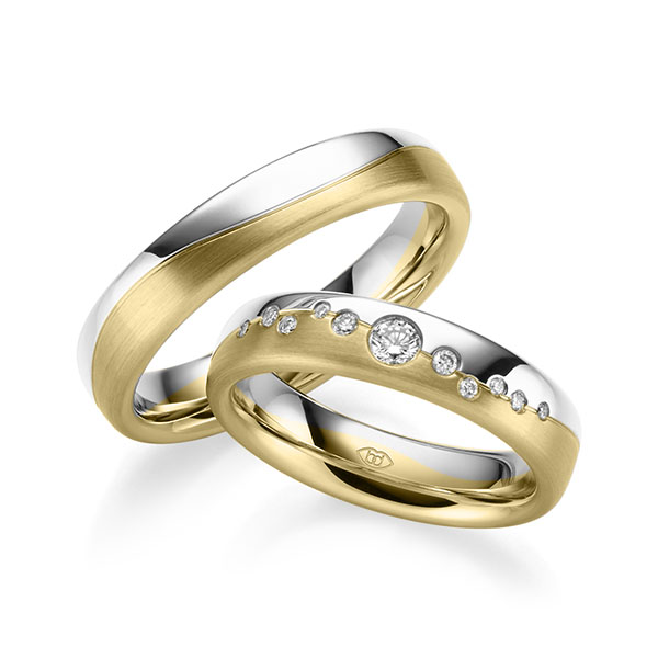 Set Bicolor trouwringen in witgoud 14 kt. geelgoud 14 kt. met in totaal 0,182 ct. Briljant tw/si - UQ-1007-4 Set Bicolor trouwringen in witgoud 14 kt. geelgoud 14 kt. met in totaal 0,182 ct. Briljant tw/si - UQ-1007-4