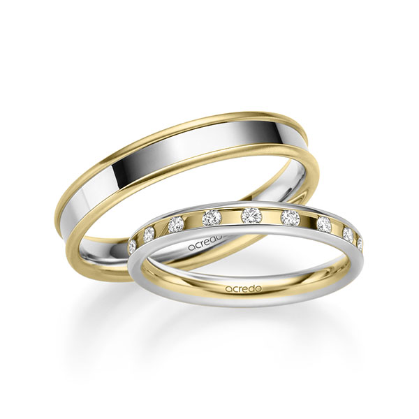 Set Bicolor trouwringen in witgoud 14 kt. geelgoud 14 kt. met in totaal 0,18 ct. Briljant tw/si van acredo - A-2225-8 Set Bicolor trouwringen in witgoud 14 kt. geelgoud 14 kt. met in totaal 0,18 ct. Briljant tw/si van acredo - A-2225-8
