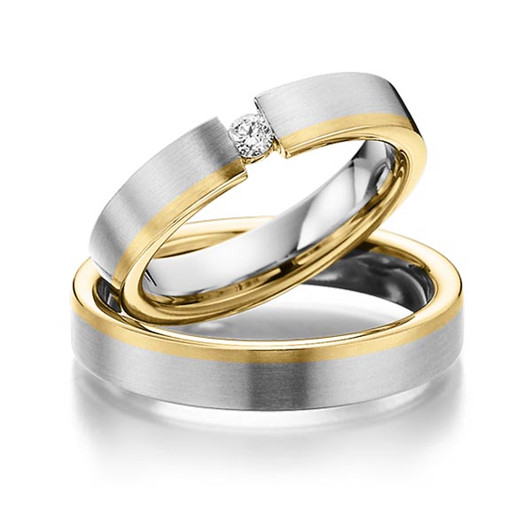 Set Bicolor trouwringen in witgoud 14 kt. geelgoud 14 kt. met in totaal 0,1 ct. Briljant tw/si van Eternal Touch