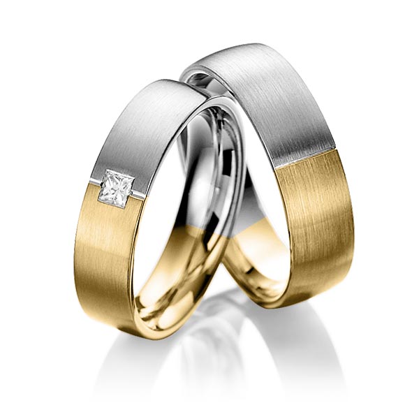 Set Bicolor trouwringen in witgoud 14 kt. geelgoud 14 kt. met in totaal 0,1 ct. Princess-Diamant tw,vs van Eternal Touch