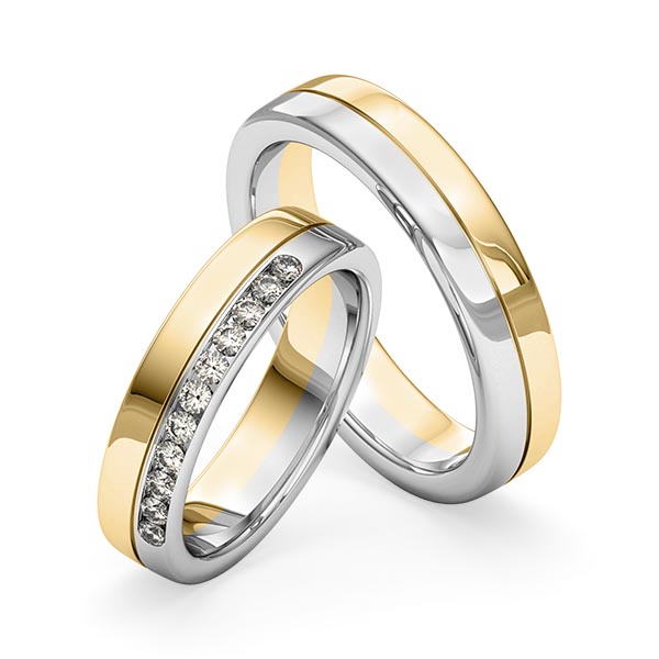 Set Bicolor trouwringen in witgoud 14 kt. geelgoud 14 kt. met in totaal 0,275 ct. Briljant tw/si van Merii