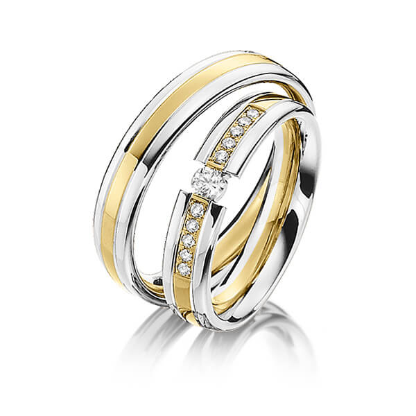 Set Bicolor trouwringen in witgoud 14 kt. geelgoud 14 kt. met in totaal 0,2 ct. Briljant tw/si van Steinberg