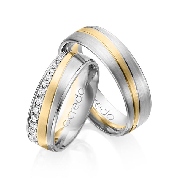 Set Bicolor trouwringen in witgoud 14 kt. geelgoud 14 kt. met in totaal 0,406 ct. Briljant tw/si van acredo - A-1152-2 Set Bicolor trouwringen in witgoud 14 kt. geelgoud 14 kt. met in totaal 0,406 ct. Briljant tw/si van acredo - A-1152-2