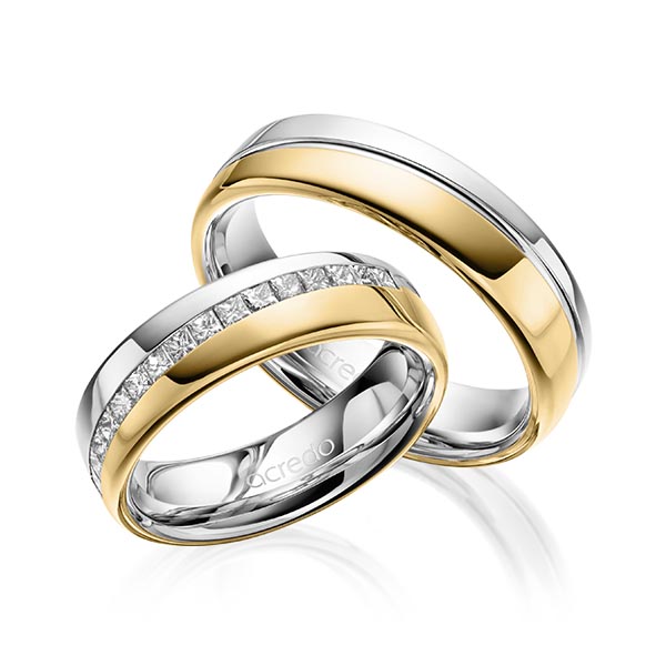 Set Bicolor trouwringen in witgoud 14 kt. geelgoud 14 kt. met in totaal 0,48 ct. Princess-Diamant tw,vs van acredo
