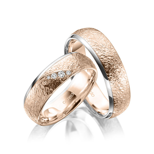 Set Bicolor trouwringen in witgoud 14 kt. roodgoud 14 kt. , crushed met in totaal 0,053 ct. Briljant tw/si van acredo - A-2014-14