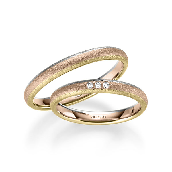Set Bicolor trouwringen in witgoud 14 kt. roodgoud 14 kt. geelgoud 14 kt. met in totaal 0,045 ct. Briljant tw/si van acredo