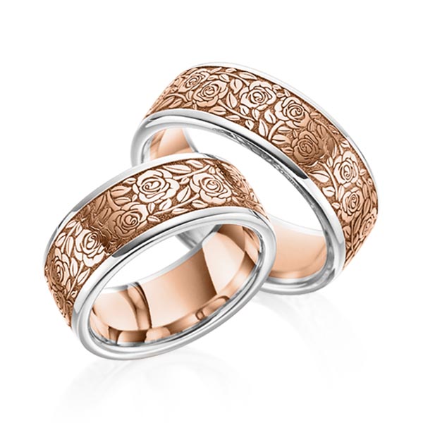 Set Bicolor trouwringen in witgoud 14 kt. roodgoud 14 kt. Laser Structuur van Eternal Touch