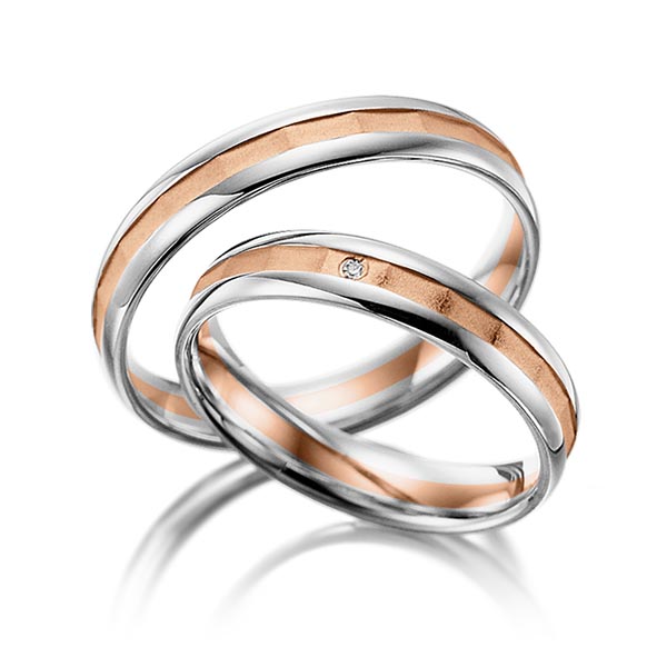 Set Bicolor trouwringen in witgoud 14 kt. roodgoud 14 kt. met in totaal 0,005 ct. Briljant tw/si van Merii