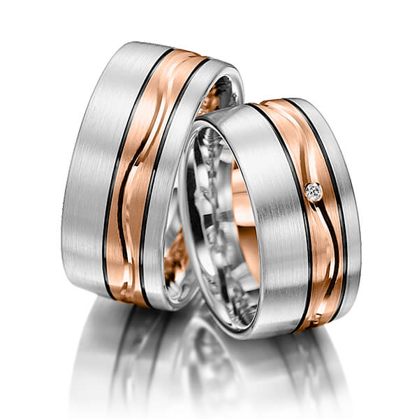 Set Bicolor trouwringen in witgoud 14 kt. roodgoud 14 kt. met in totaal 0,015 ct. Briljant tw/si van Merii