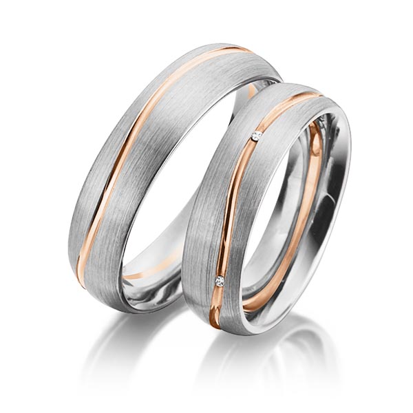 Set Bicolor trouwringen in witgoud 14 kt. roodgoud 14 kt. met in totaal 0,025 ct. Briljant tw/si van Eternal Touch