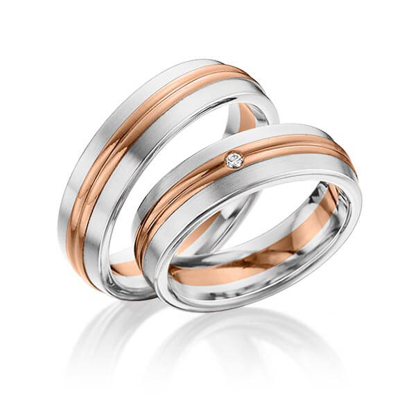 Set Bicolor trouwringen in witgoud 14 kt. roodgoud 14 kt. met in totaal 0,025 ct. Briljant tw/si van Eternal Touch