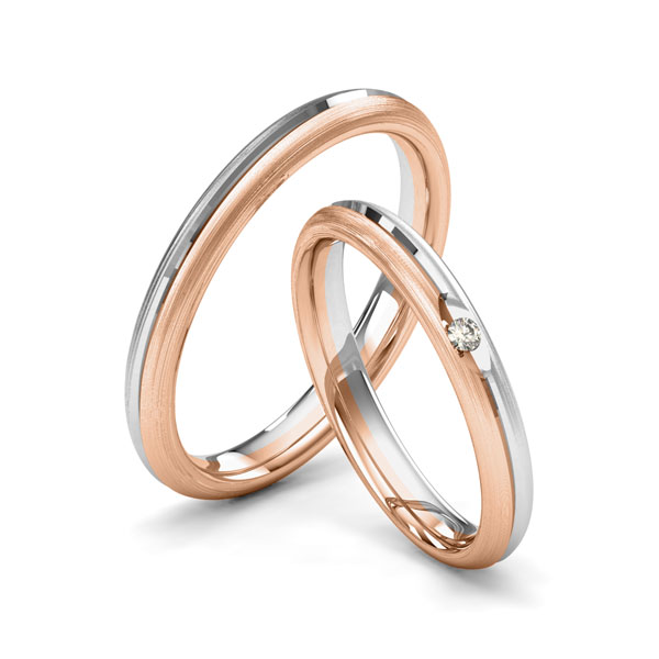Set Bicolor trouwringen in witgoud 14 kt. roodgoud 14 kt. met in totaal 0,025 ct. Briljant tw/si van Merii - M-1002-8 Set Bicolor trouwringen in witgoud 14 kt. roodgoud 14 kt. met in totaal 0,025 ct. Briljant tw/si van Merii - M-1002-8