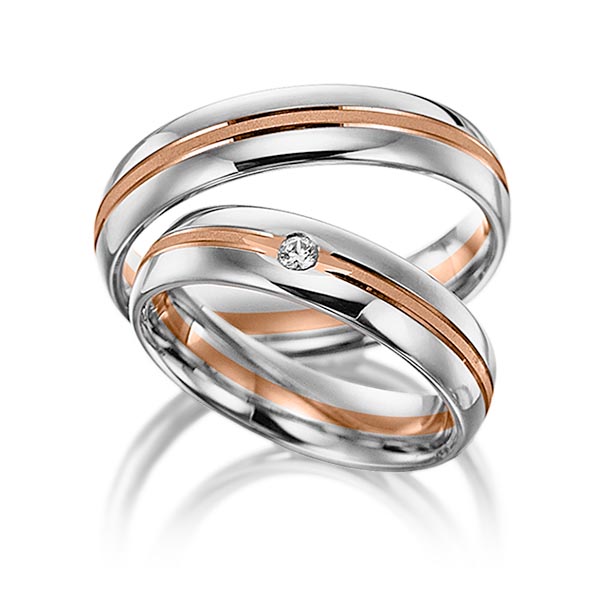 Set Bicolor trouwringen in witgoud 14 kt. roodgoud 14 kt. met in totaal 0,025 ct. Briljant tw/si van Merii