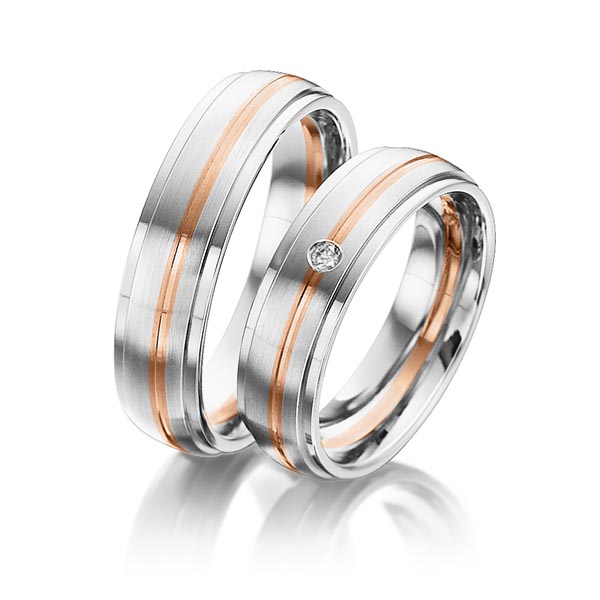 Set Bicolor trouwringen in witgoud 14 kt. roodgoud 14 kt. met in totaal 0,025 ct. Briljant tw/si van Steinberg