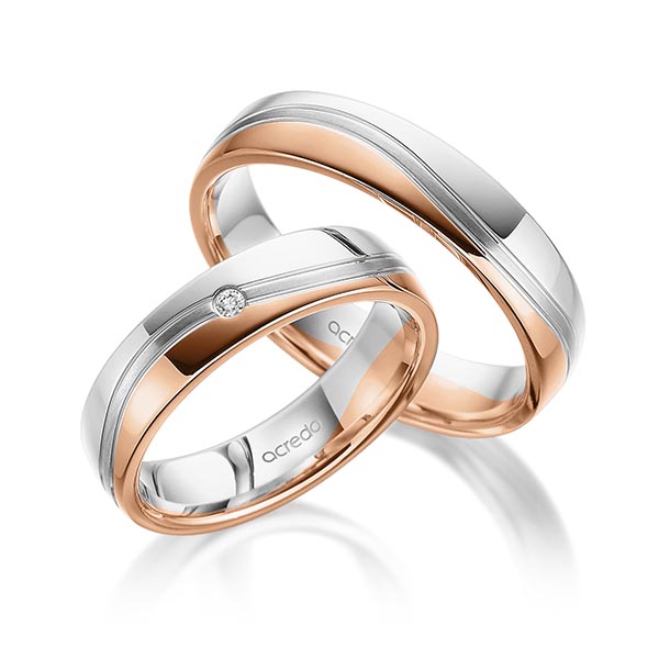 Set Bicolor trouwringen in witgoud 14 kt. roodgoud 14 kt. met in totaal 0,02 ct. Briljant tw/si van acredo