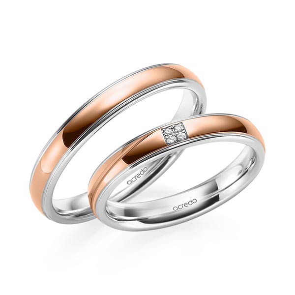 Set Bicolor trouwringen in witgoud 14 kt. roodgoud 14 kt. met in totaal 0,02 ct. Briljant tw/si van acredo