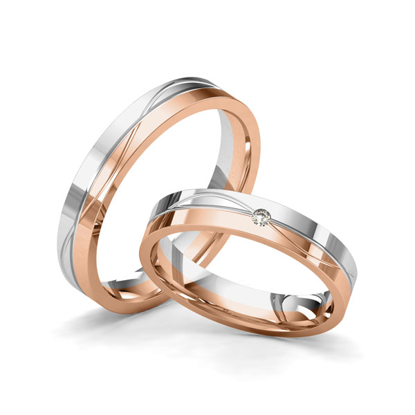 Set Bicolor trouwringen in witgoud 14 kt. roodgoud 14 kt. met in totaal 0,02 ct. Briljant tw/si van Merii
