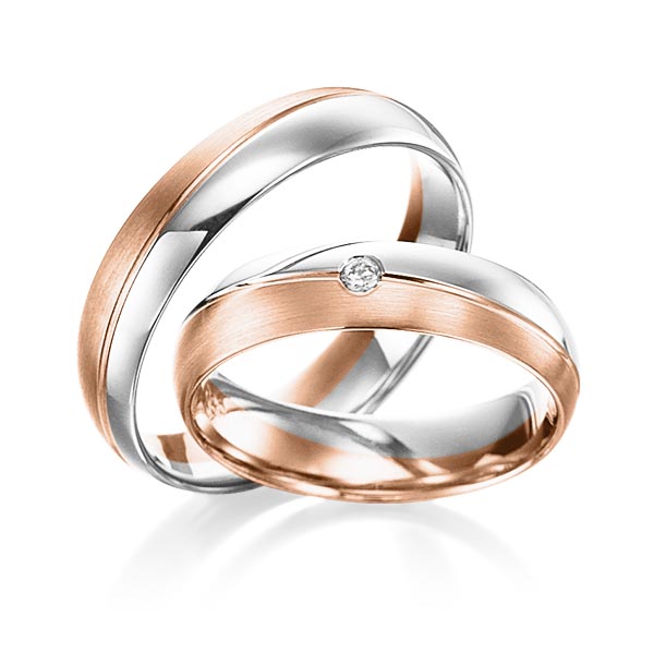 Set Bicolor trouwringen in witgoud 14 kt. roodgoud 14 kt. met in totaal 0,02 ct. Briljant tw/si van Steinberg