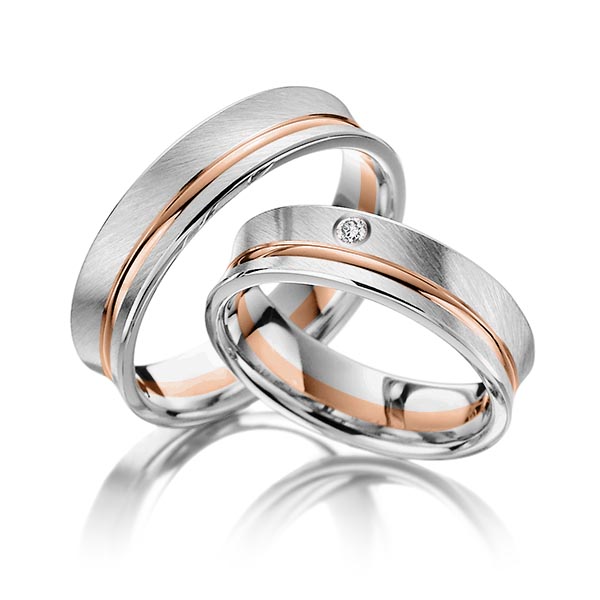 Set Bicolor trouwringen in witgoud 14 kt. roodgoud 14 kt. met in totaal 0,02 ct. Briljant tw/si van Steinberg