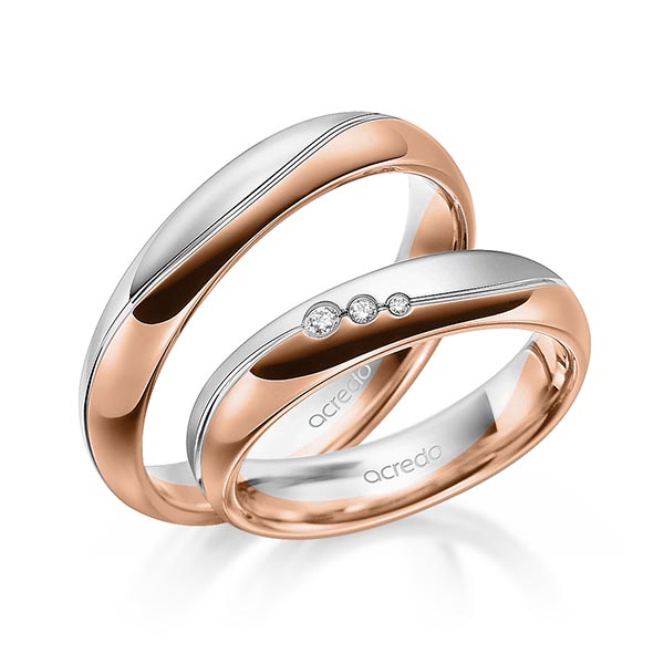 Set Bicolor trouwringen in witgoud 14 kt. roodgoud 14 kt. met in totaal 0,035 ct. Briljant tw/si van acredo