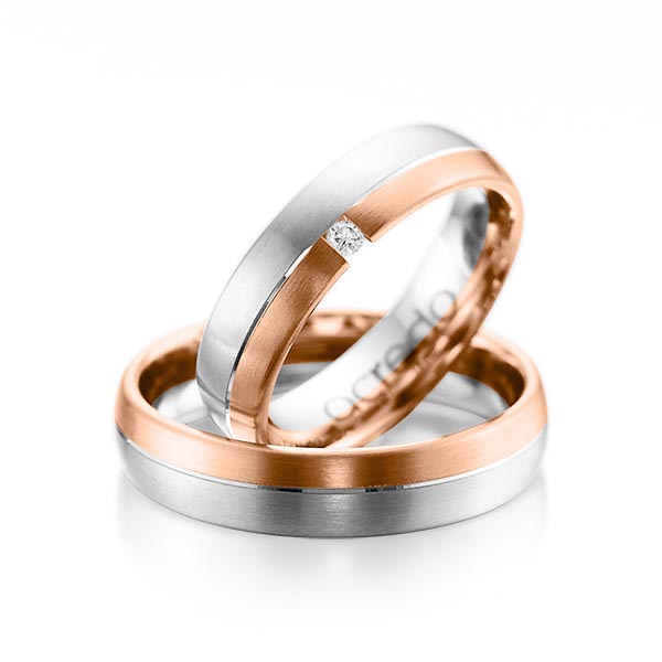 Set Bicolor trouwringen in witgoud 14 kt. roodgoud 14 kt. met in totaal 0,03 ct. Briljant tw/si van acredo - A-1070-4