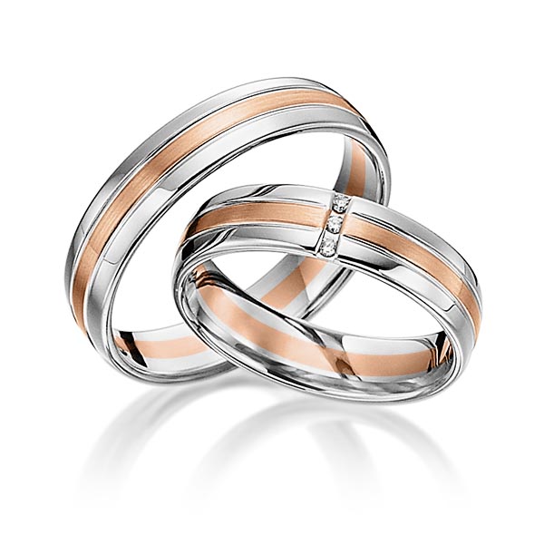 Set Bicolor trouwringen in witgoud 14 kt. roodgoud 14 kt. met in totaal 0,03 ct. Briljant tw/si van acredo - S-1106-1