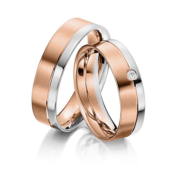 Set Bicolor trouwringen in witgoud 14 kt. roodgoud 14 kt. met in totaal 0,03 ct. Briljant tw/si van acredo - S-1110-6