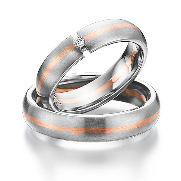 Set Bicolor trouwringen in witgoud 14 kt. roodgoud 14 kt. met in totaal 0,03 ct. Briljant tw/si van Eternal Touch