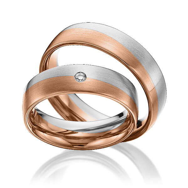 Set Bicolor trouwringen in witgoud 14 kt. roodgoud 14 kt. met in totaal 0,03 ct. Briljant tw/si van Eternal Touch