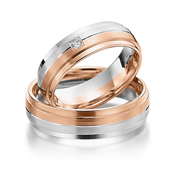 Set Bicolor trouwringen in witgoud 14 kt. roodgoud 14 kt. met in totaal 0,03 ct. Briljant tw/si van Steinberg