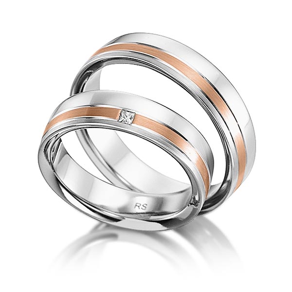 Set Bicolor trouwringen in witgoud 14 kt. roodgoud 14 kt. met in totaal 0,03 ct. Princess-Diamant tw,vs van acredo - S-1130-7