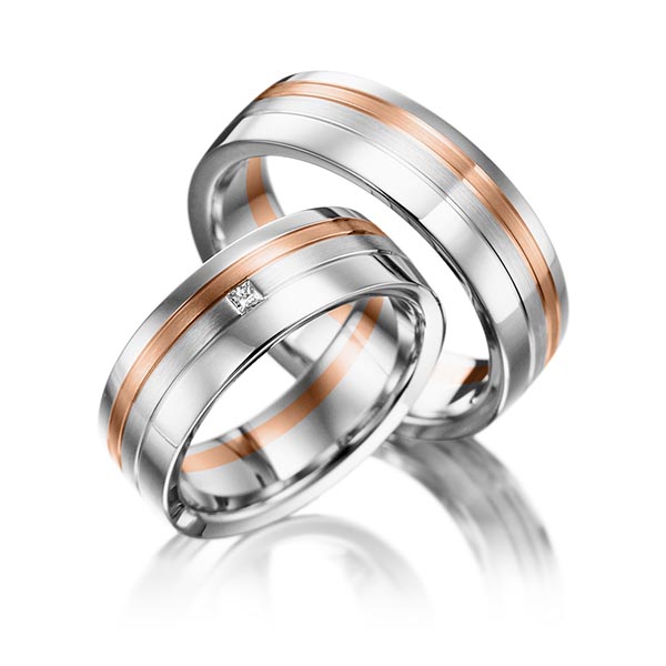 Set Bicolor trouwringen in witgoud 14 kt. roodgoud 14 kt. met in totaal 0,03 ct. Princess-Diamant tw/si van acredo