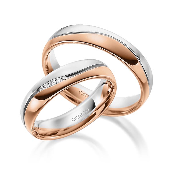 Set Bicolor trouwringen in witgoud 14 kt. roodgoud 14 kt. met in totaal 0,041 ct. Briljant tw/si van acredo