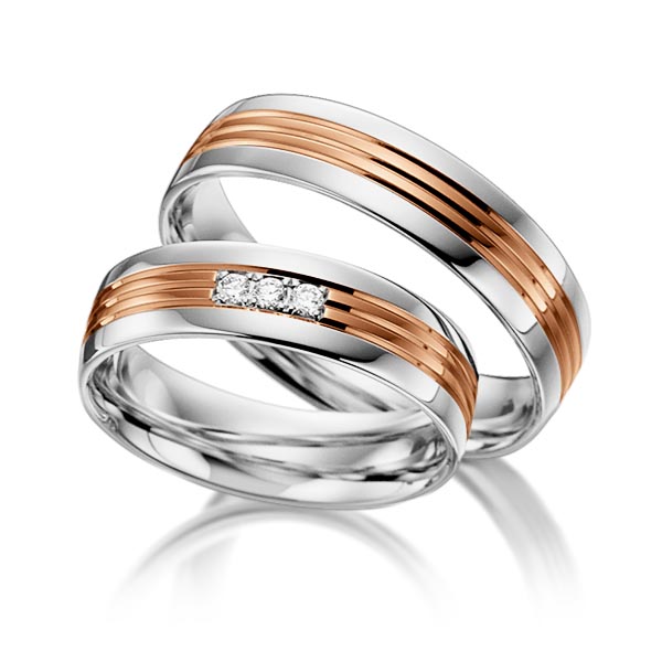 Set Bicolor trouwringen in witgoud 14 kt. roodgoud 14 kt. met in totaal 0,045 ct. Briljant tw/si van acredo - S-1100-9