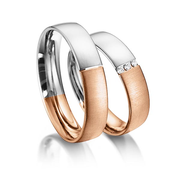 Set Bicolor trouwringen in witgoud 14 kt. roodgoud 14 kt. met in totaal 0,045 ct. Briljant tw/si van acredo - S-1147-6