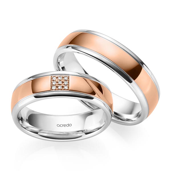 Set Bicolor trouwringen in witgoud 14 kt. roodgoud 14 kt. met in totaal 0,045 ct. Briljant tw/si van acredo