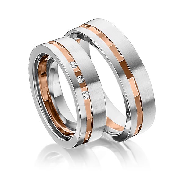 Set Bicolor trouwringen in witgoud 14 kt. roodgoud 14 kt. met in totaal 0,045 ct. Briljant tw/si van Eternal Touch