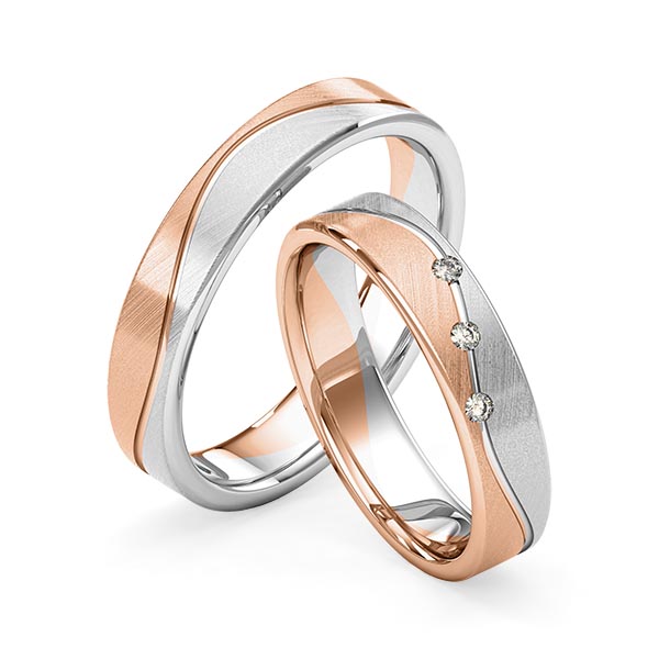 Set Bicolor trouwringen in witgoud 14 kt. roodgoud 14 kt. met in totaal 0,045 ct. Briljant tw/si van Merii