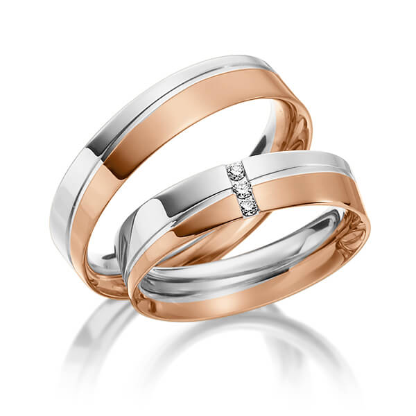 Set Bicolor trouwringen in witgoud 14 kt. roodgoud 14 kt. met in totaal 0,045 ct. Briljant tw/si van Steinberg - Q-1172-1 Set Bicolor trouwringen in witgoud 14 kt. roodgoud 14 kt. met in totaal 0,045 ct. Briljant tw/si van Steinberg - Q-1172-1