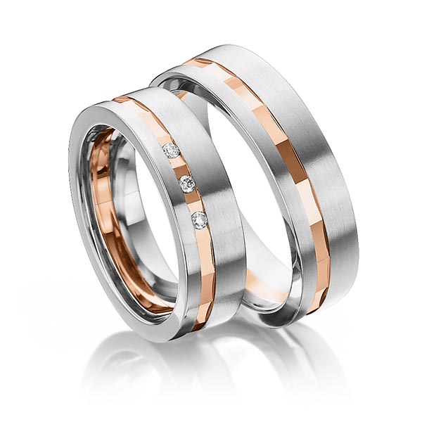 Set Bicolor trouwringen in witgoud 14 kt. roodgoud 14 kt. met in totaal 0,045 ct. Briljant tw/si van Steinberg