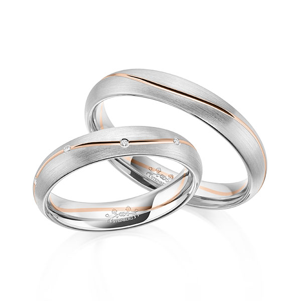 Set Bicolor trouwringen in witgoud 14 kt. roodgoud 14 kt. met in totaal 0,045 ct. Briljant tw/si van Steinberg