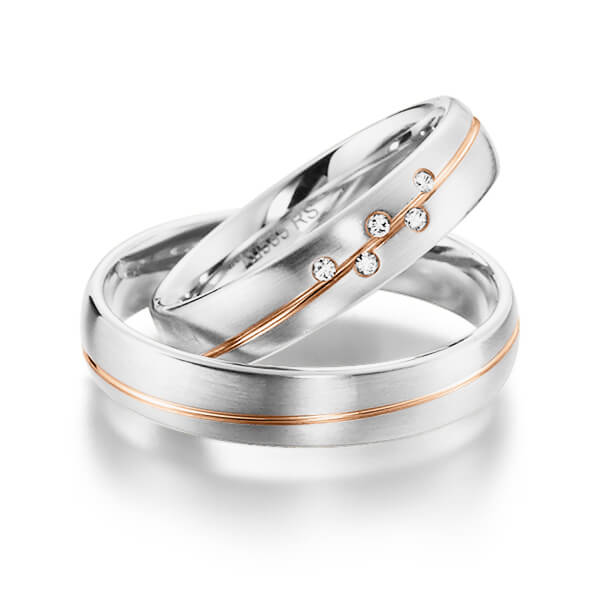 Set Bicolor trouwringen in witgoud 14 kt. roodgoud 14 kt. met in totaal 0,04 ct. Briljant tw/si van acredo - S-1143-7