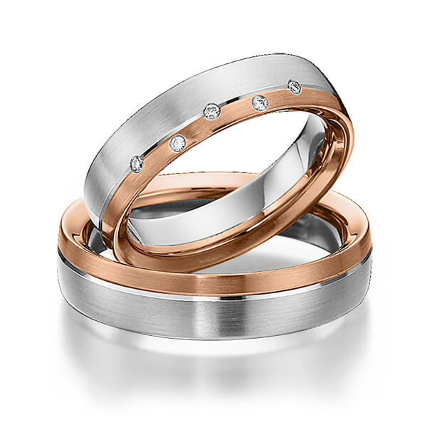 Set Bicolor trouwringen in witgoud 14 kt. roodgoud 14 kt. met in totaal 0,04 ct. Briljant tw/si van Eternal Touch