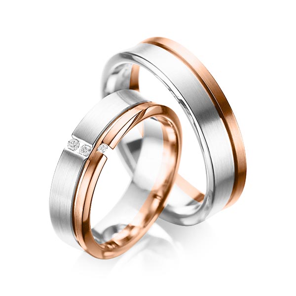 Set Bicolor trouwringen in witgoud 14 kt. roodgoud 14 kt. met in totaal 0,05 ct. Briljant tw/si van acredo - A-1088-9